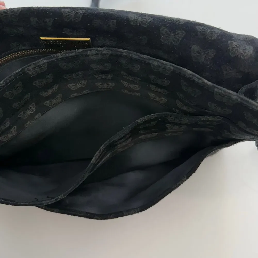 Bottega Veneta Vintage Suede Shoulder Bag Envelope Clutch Black Butterfly Print